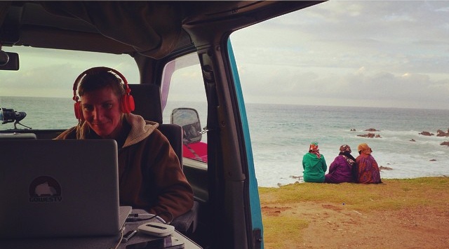 freelance writer at work van westfalia digital nomand vanlife vanlifers house is where you park it plaza plage surfers surf 2016 morocco portugal destination ifran taghazout blue sky mercedes benz porsche ferrari fiat 126 opony pneu tyre camp campfire side tent apple headset skullcandy skull candy